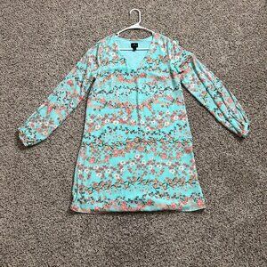 Worthington women's dress, blue, floral, lined, slit, long sleeve, V-neck